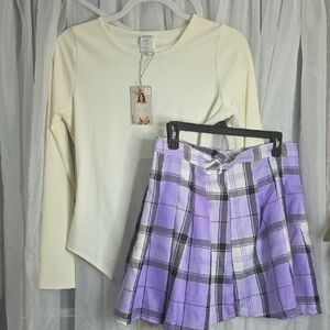 Jolie And Joy Plaid Purple Mini Skirt And Serra Cream Long Sleeve Body Suit NWT